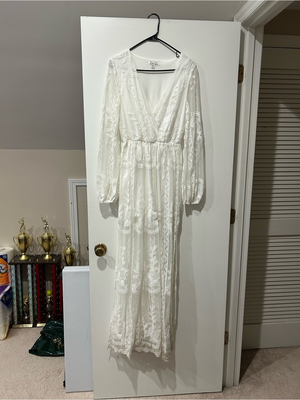 White Long Sleeve Embroidered Maxi Dress by Dress Day